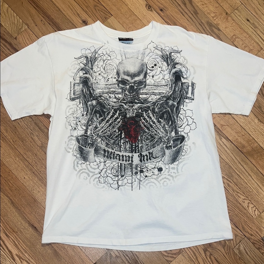 miami Ink White Skull Graphic Tee Size XL